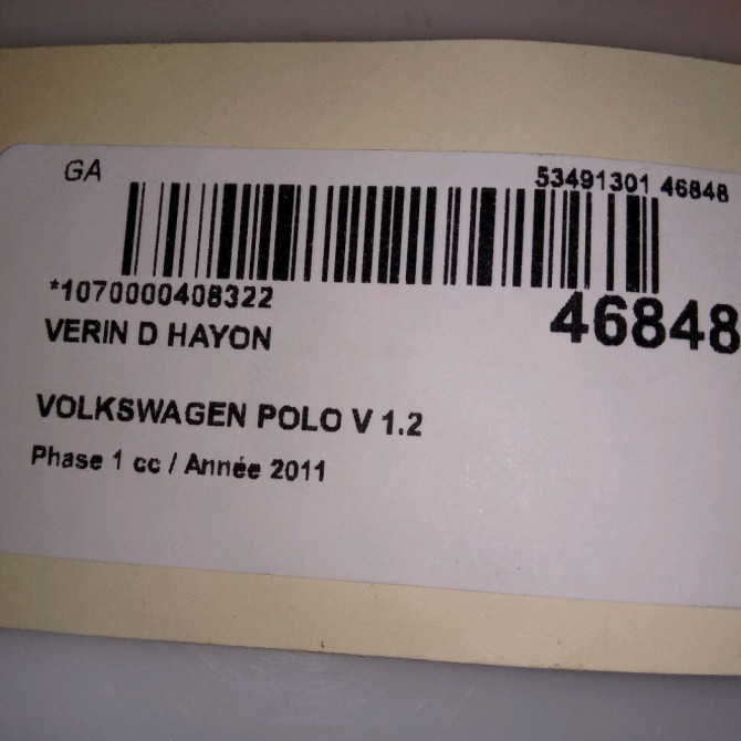 Verin droit hayon occasion VOLKSWAGEN POLO V POLO V Phase 1 2009-09-01->2014-05-31 1.2 60ch 6R6827550D 3