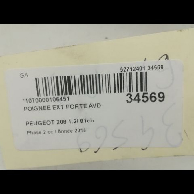 Poignee ext porte avd occasion PEUGEOT 208 Phase 2 04-2015->... 1.2i 81ch 9101GH 3