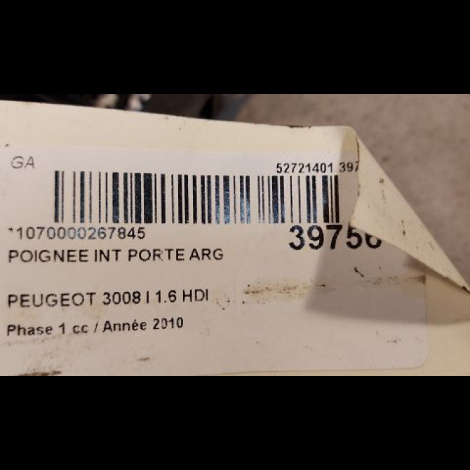 Poignee int porte arg occasion PEUGEOT 3008 I Phase 1 04-2009->12-2013 1.6 HDI 110ch 9143T1 3