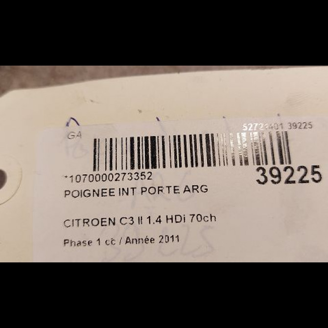 Poignee int porte arg occasion CITROEN C3 II Phase 1 11-2009->02-2013 1.4 HDi 70ch 9143T1 2