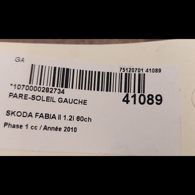 Pare-soleil gauche occasion SKODA FABIA II Phase 1 05-2007->03-2010 1.2i 60ch 1Z0857551AS2F4 3
