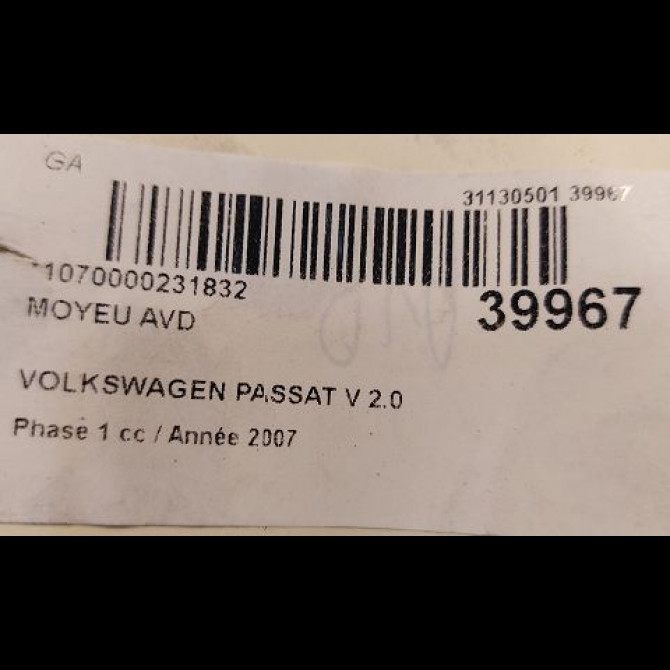 Moyeu avd occasion VOLKSWAGEN PASSAT V Phase 1 03-2005->10-2010 2.0 TDI 16v 140ch 5K0498621 3