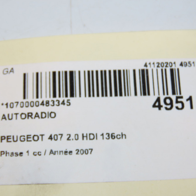 Autoradio occasion PEUGEOT 407 Phase 1 04-2004->07-2008 2.0 HDI 136ch 4