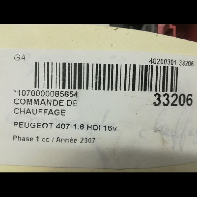 Commande de chauffage occasion PEUGEOT 407 Phase 1 04-2004->07-2008 1.6 HDI 16v 6452L7 4