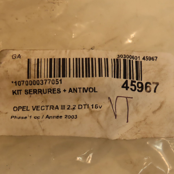 Kit serrures + antivol occasion OPEL VECTRA III Phase 1 06-2002->10-2005 2.2 DTI 16v 125ch 3