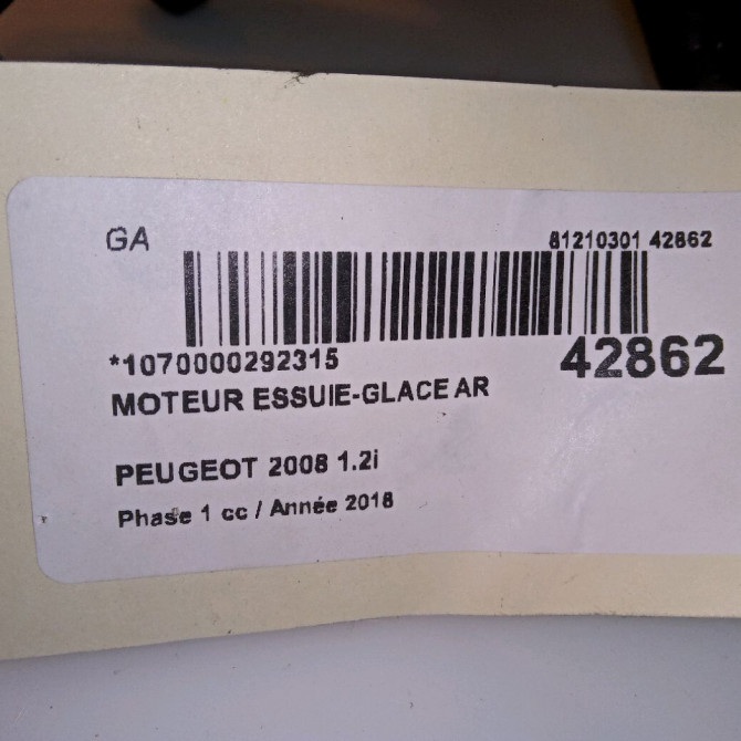 Moteur essuie-glace arrière occasion PEUGEOT 2008 Phase 1 01-2013->... 1.2i PURETECH 110ch 9678423580 4