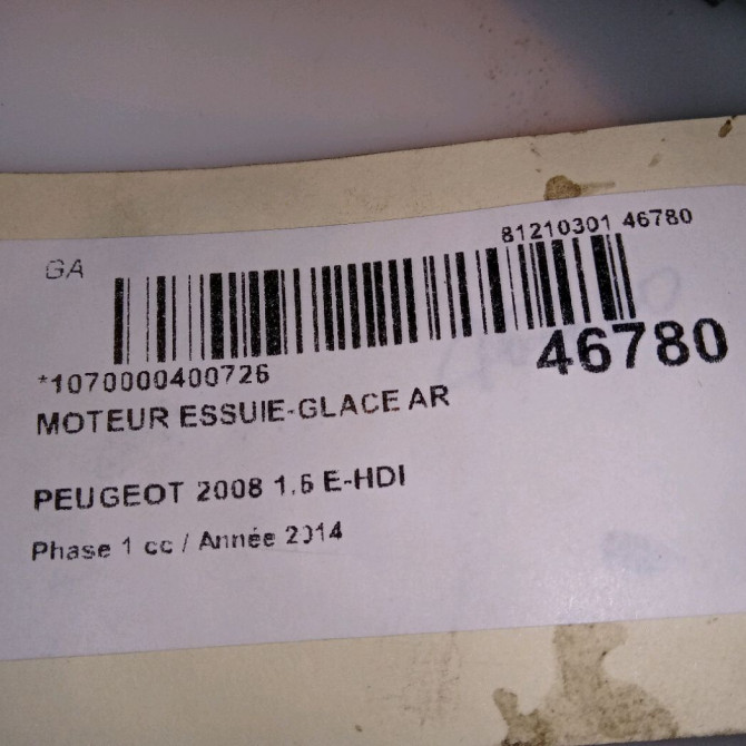 Moteur essuie-glace arrière occasion PEUGEOT 2008 Phase 1 01-2013->... 1.6 E-HDI 92ch 9678423580 4