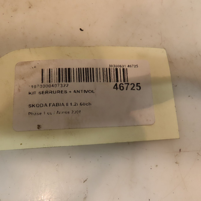 Kit serrures + antivol occasion SKODA FABIA II Phase 1 05-2007->03-2010 1.2i 60ch 3