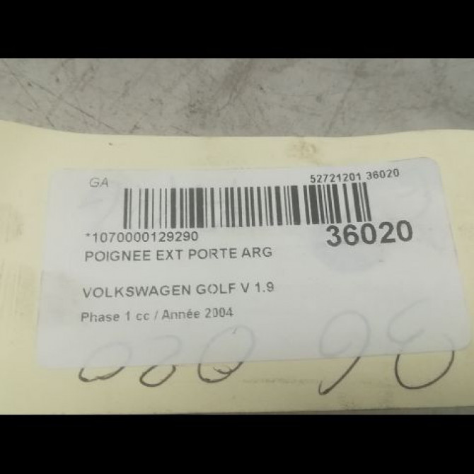 Poignee ext porte arg occasion VOLKSWAGEN GOLF V Phase 1 11-2003->10-2008 1.9 TDI 90ch 3B0837205F3FZ 3
