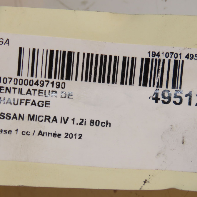 Ventilateur de chauffage occasion NISSAN MICRA IV Phase 1 11-2010->12-2013 1.2i 80ch 272261HB0A 3