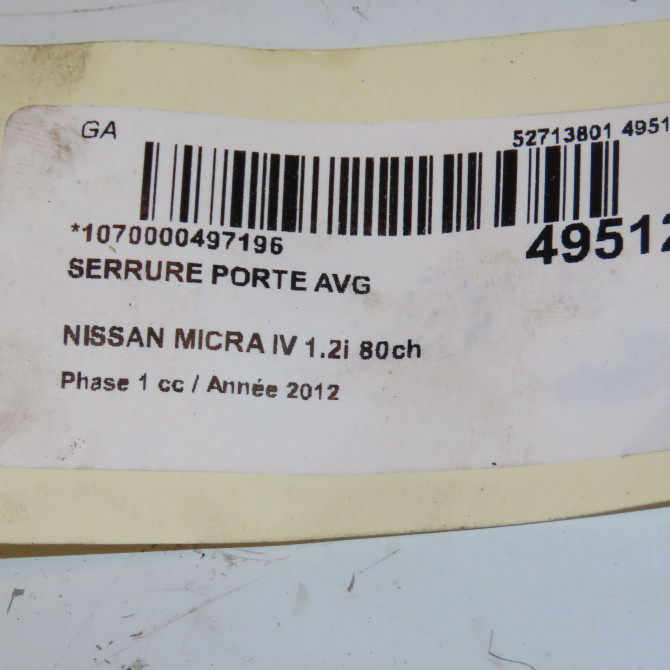 Serrure porte avg occasion NISSAN MICRA IV Phase 1 11-2010->12-2013 1.2i 80ch 805011HH1A 3