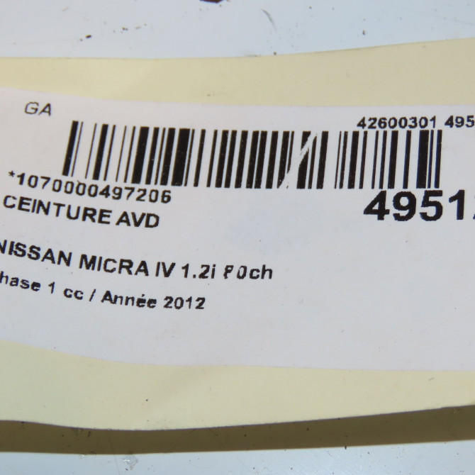 Ceinture avant droite occasion NISSAN MICRA IV Phase 1 11-2010->12-2013 1.2i 80ch 868841HB1B 3