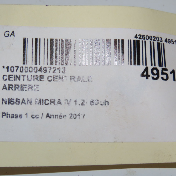 Ceinture centrale arriere occasion NISSAN MICRA IV Phase 1 11-2010->12-2013 1.2i 80ch 888441HB0B 3