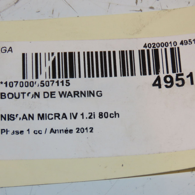 Bouton de warning occasion NISSAN MICRA IV Phase 1 11-2010->12-2013 1.2i 80ch 252901HA0A 3