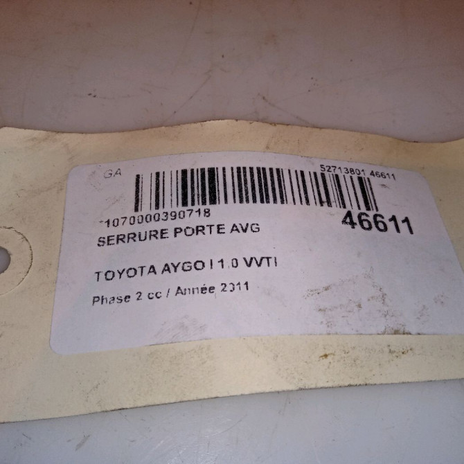 Serrure porte avg occasion TOYOTA AYGO I Phase 2 01-2009->06-2012 1.0 VVTI 690400H020 4