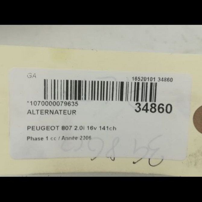 Alternateur occasion PEUGEOT 807 Phase 1 06-2002->12-2014 2.0i 16v 141ch 5705CA 6
