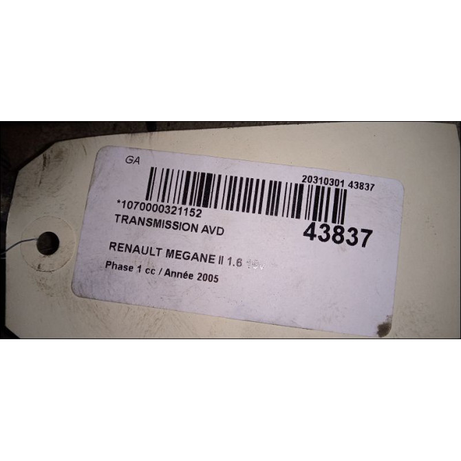 Transmission avant droite occasion RENAULT MEGANE II Phase 1 09-2003->12-2005 1.6 16v 8200613827 4