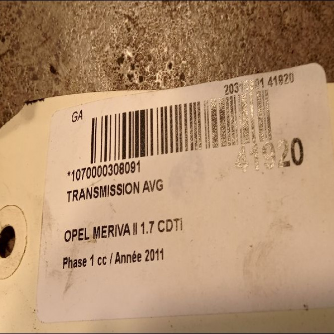 Transmission avant gauche occasion OPEL MERIVA II Phase 1 09-2010->03-2014 1.7 CDTI 110ch 95520583 2
