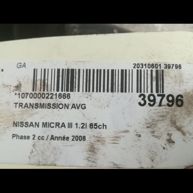 Transmission avant gauche occasion NISSAN MICRA III Phase 2 11-2005->11-2007 1.2i 65ch 39101AY100 4