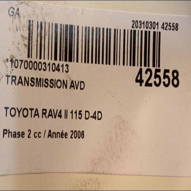 Transmission avant droite occasion TOYOTA RAV4 II Phase 2 10-2003->12-2005 115 D-4D 5