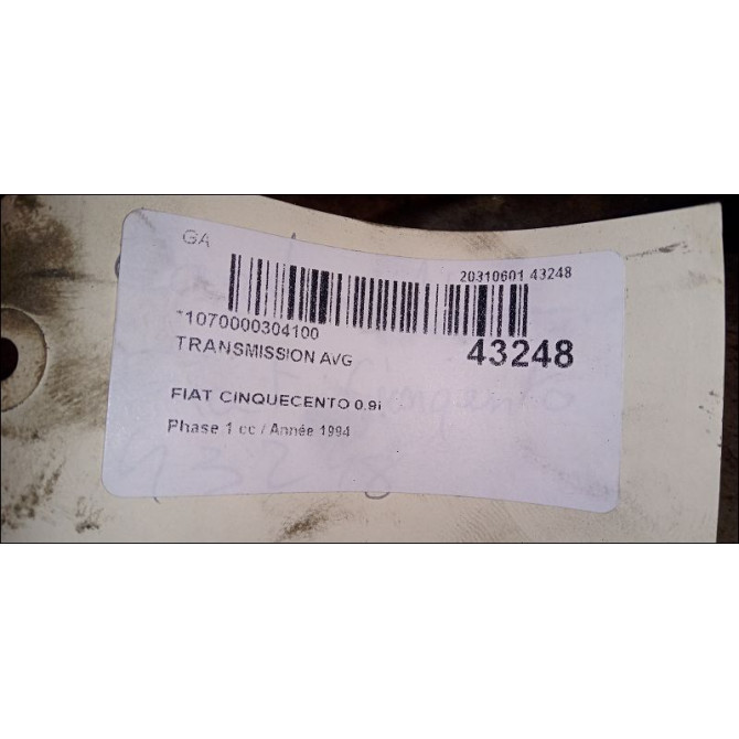 Transmission avant gauche occasion FIAT CINQUECENTO Phase 1 07-1992->09-1998 0.9i 40ch 46477176 2