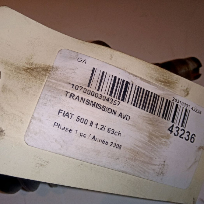 Transmission avant droite occasion FIAT 500 II 500 II Phase 1 2007-07-01->2016-03-31 1.2i 69ch 51956411 3