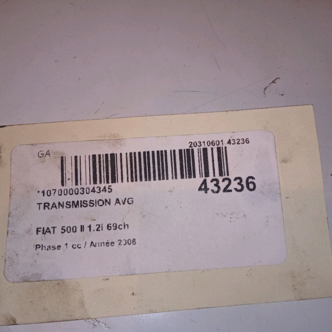 Transmission avant gauche occasion FIAT 500 II 500 II Phase 1 2007-07-01->2016-03-31 1.2i 69ch 51956412 3