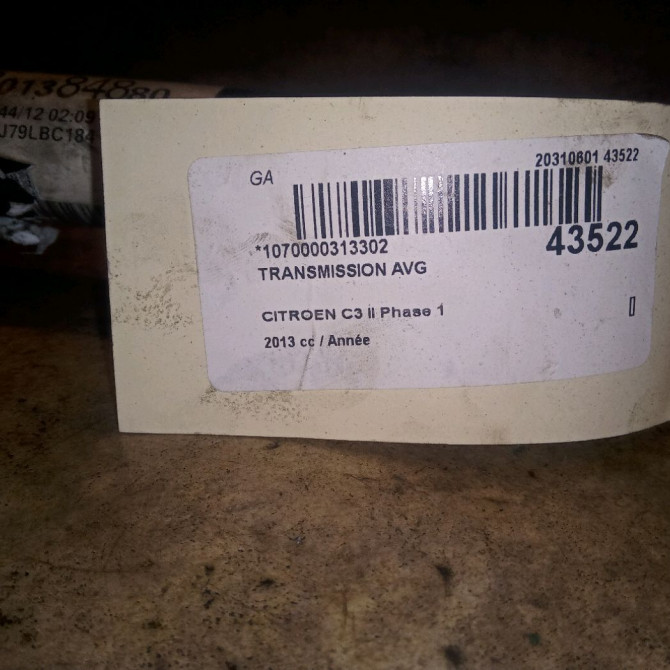 Transmission avant gauche occasion CITROEN C3 II Phase 1 11-2009->02-2013 9801384780 2