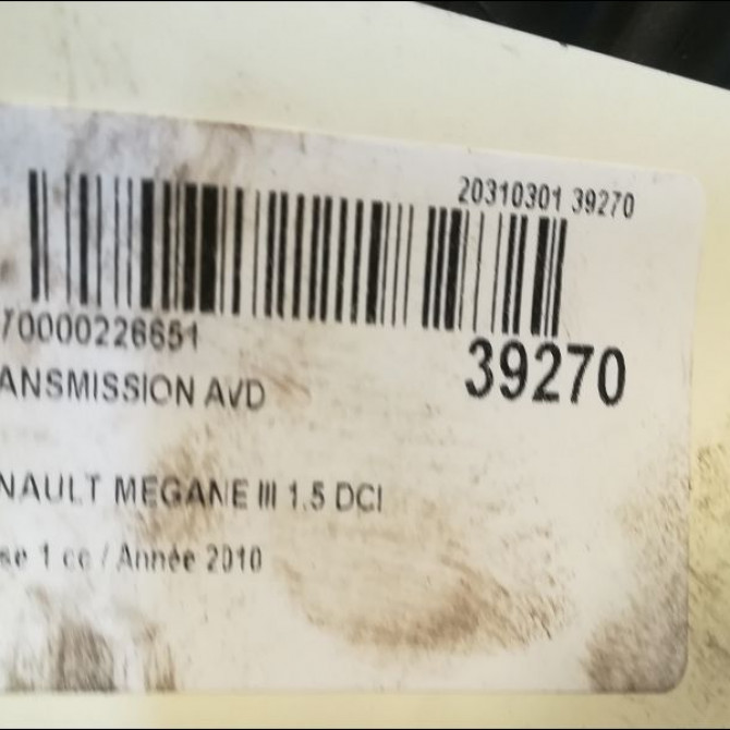 Transmission avant droite occasion RENAULT MEGANE III Phase 1 11-2008->01-2012 1.5 DCI 110ch 391009864R 5
