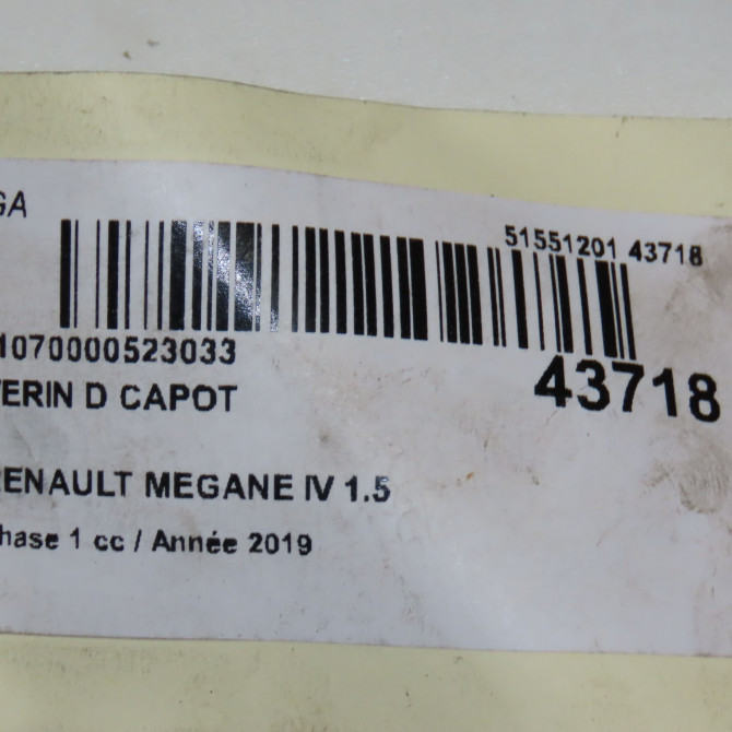 Verin d capot occasion RENAULT MEGANE IV Phase 1 12-2015->... 1.5 DCi 115ch 654707606R 4