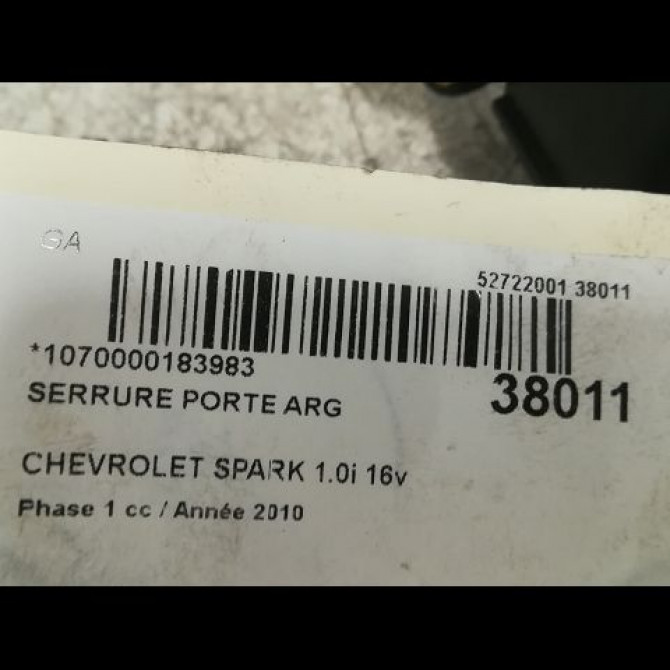 Serrure porte arg occasion CHEVROLET SPARK Phase 1 01-2010->09-2012 1.0i 16v 68ch 94532283 3