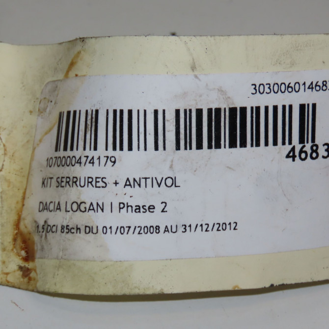 Kit serrures + antivol occasion DACIA LOGAN I Phase 2 07-2008->12-2012 1.5 DCI 85ch 5