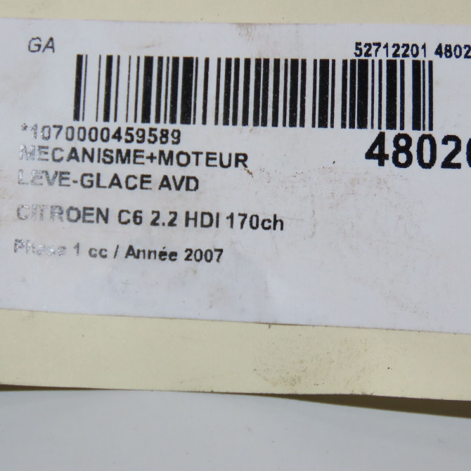 Mecanisme + moteur lève-glace avant droit occasion CITROEN C6 Phase 1 12-2005->03-2013 2.2 HDI 170ch 9222T7 5