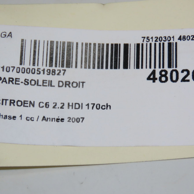 Pare-soleil droit occasion CITROEN C6 Phase 1 12-2005->03-2013 2.2 HDI 170ch 8143PQ 5