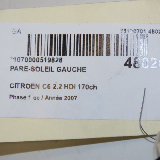 Pare-soleil gauche occasion CITROEN C6 Phase 1 12-2005->03-2013 2.2 HDI 170ch 8143PQ 6