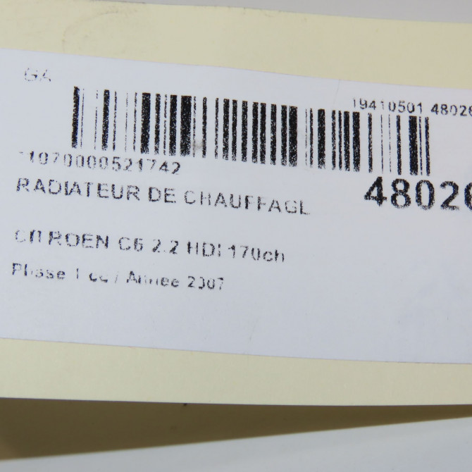 Radiateur de chauffage occasion CITROEN C6 Phase 1 12-2005->03-2013 2.2 HDI 170ch 5