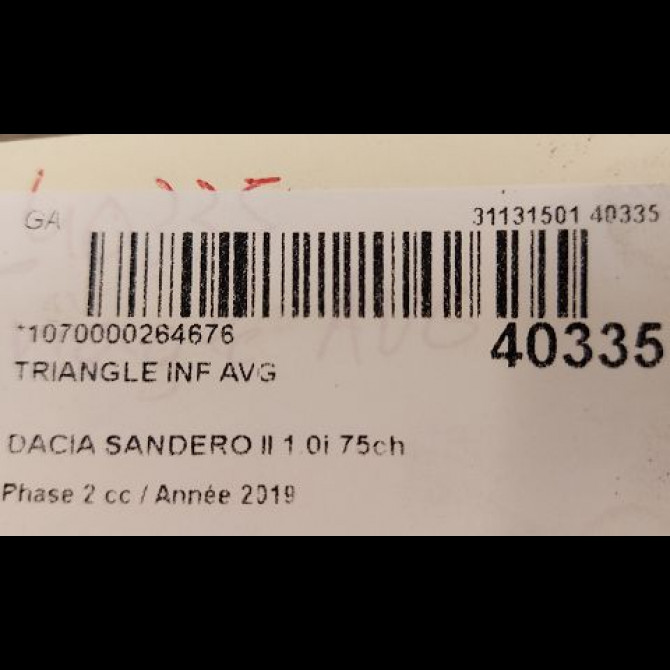 Triangle inf avg occasion DACIA SANDERO II Phase 1 04-1995->04-1999 1.0i 75ch 545017081R 2