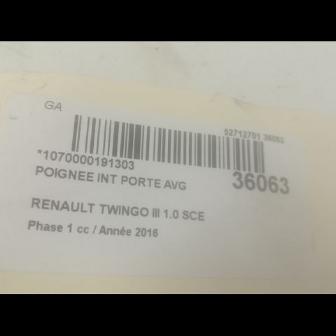 Poignee int porte avg occasion RENAULT TWINGO III Phase 1 06-2014->... 1.0 SCE 12v 70ch 806712270R 3