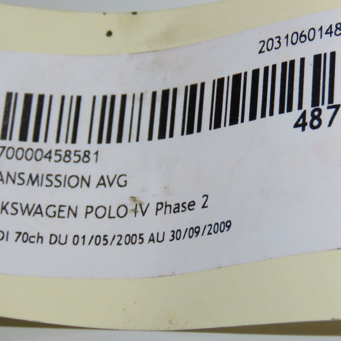 Transmission avant gauche occasion VOLKSWAGEN POLO IV Phase 2 05-2005->09-2009 1.4 TDI 70ch 6Q0407271DJ 5