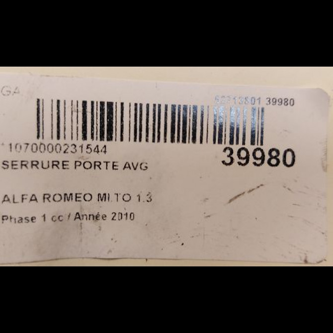 Serrure porte avg occasion ALFA ROMEO MI.TO MI.TO Phase 1 2008-09-01->2016-12-31 1.3 JTDM 95ch 50522855 3