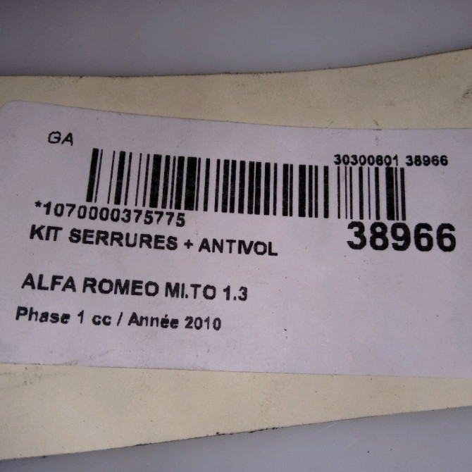 Kit serrures + antivol occasion ALFA ROMEO MI.TO MI.TO Phase 1 2008-09-01->2016-12-31 1.3 JTDM 95ch 4