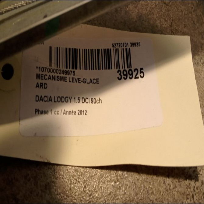 Mecanisme leve-glace arrière droit occasion DACIA LODGY Phase 1 01-2012->... 1.5 DCI 90ch 827206514R 2