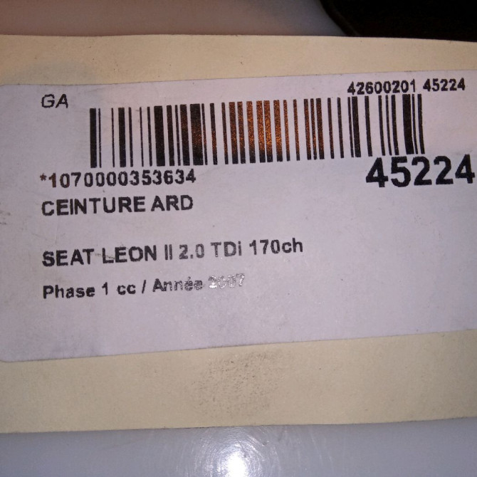 Ceinture arrière droite occasion SEAT LEON II Phase 1 09-2005->05-2009 2.0 TDi 170ch 1P0857806CRAA 4