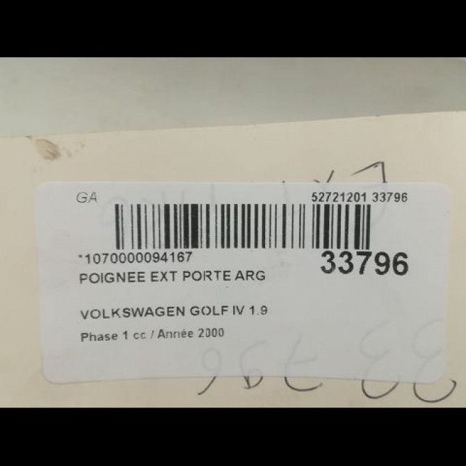 Poignee ext porte arg occasion VOLKSWAGEN GOLF IV GOLF IV Phase 1 1998-01-01->2005-06-30 1.9 TDI 90ch 3B0837207F3FZ 3