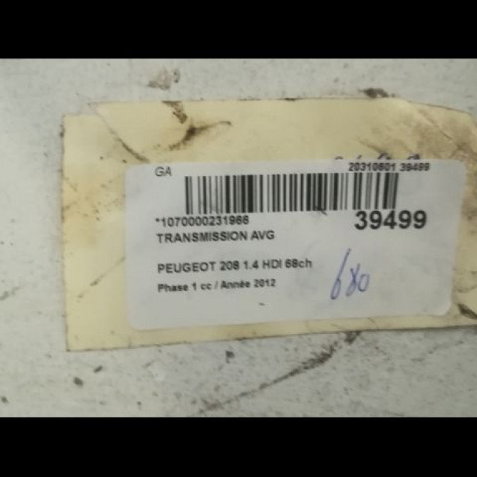 Transmission avant gauche occasion PEUGEOT 208 208 Phase 1 2012-03-01->2015-09-30 1.4 HDI 68ch 9803959580 2