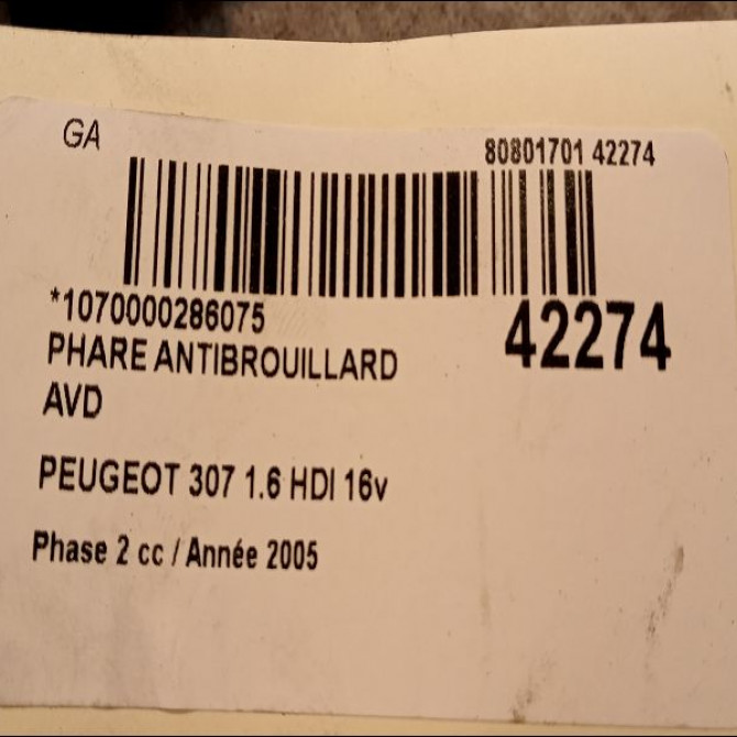 Phare antibrouillard avant droit occasion PEUGEOT 307 Phase 2 06-2005->03-2008 1.6 HDI 16v 110ch 3