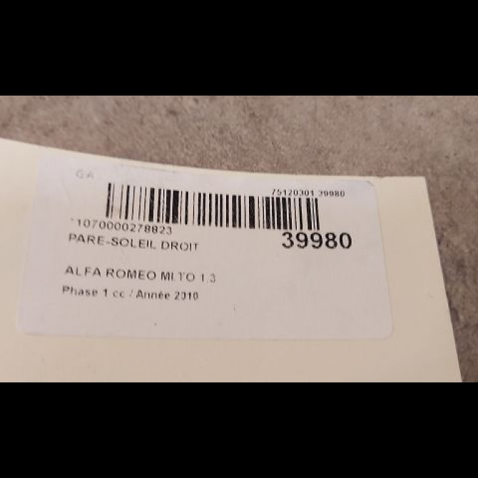 Pare-soleil droit occasion ALFA ROMEO MI.TO MI.TO Phase 1 2008-09-01->2016-12-31 1.3 JTDM 95ch 156106764 3