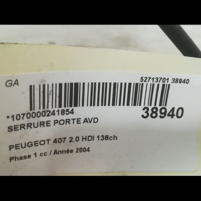 Serrure porte avd occasion PEUGEOT 407 Phase 1 04-2004->07-2008 2.0 HDI 136ch 9136FF 4