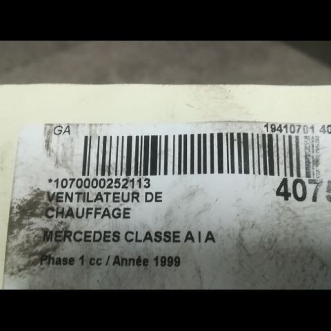Ventilateur de chauffage occasion MERCEDES CLASSE A I Phase 1 01-1998->03-2001 A 170 CDI 1688200542 3