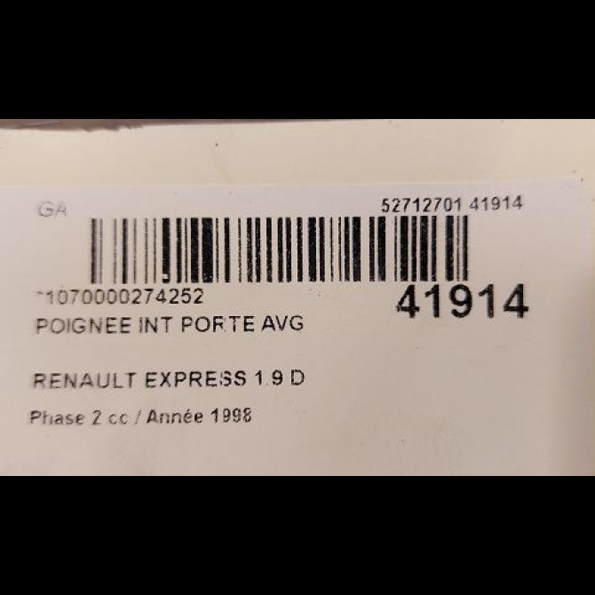 Poignee int porte avg occasion RENAULT EXPRESS Phase 2 09-1994->09-1997 1.9 D 55ch 7700758066 3